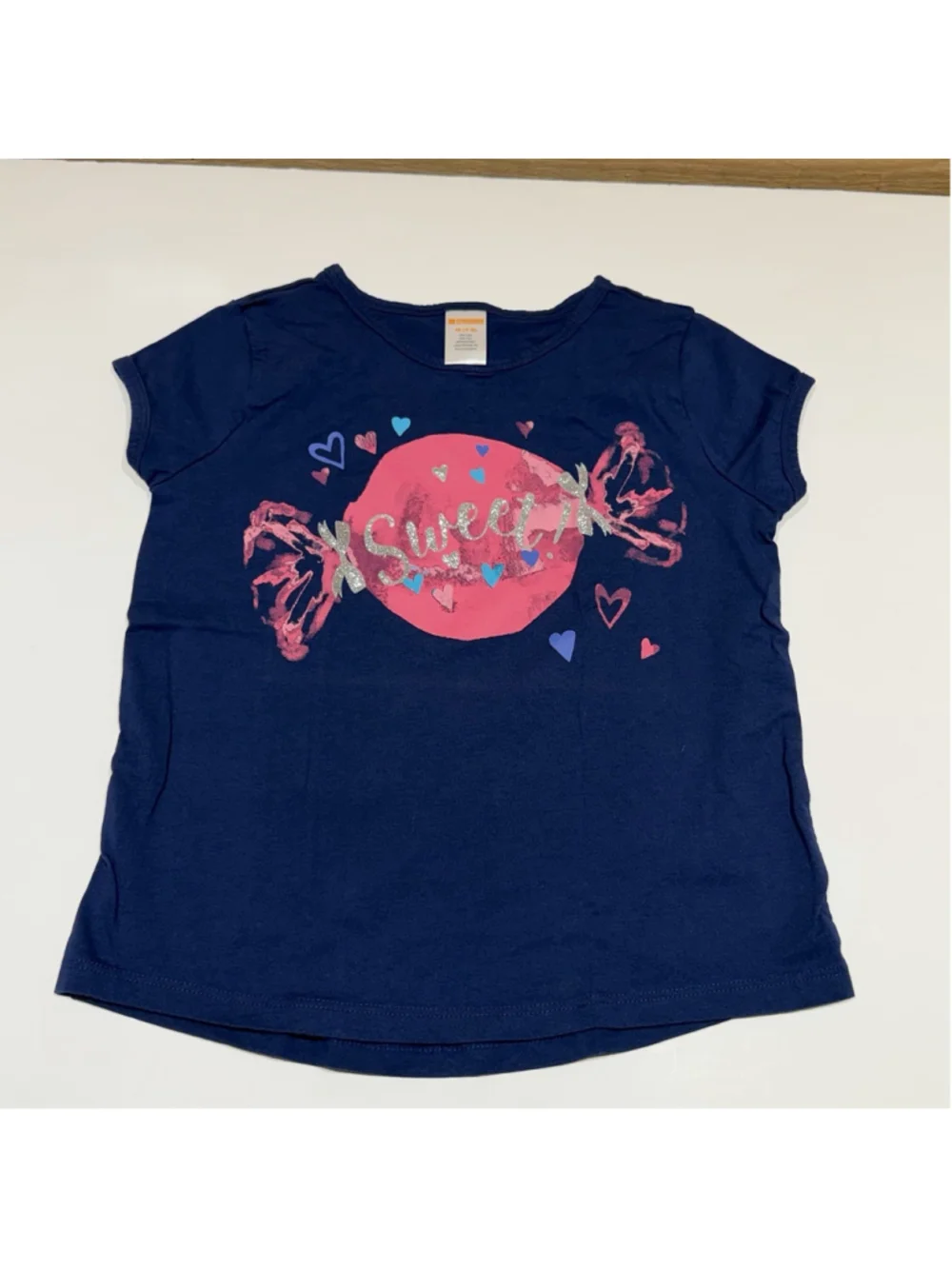 Gymboree Girls Sweet Candy Hearts‎ Graphic T-Shirt Navy Blue Size M 7-8 Glitter